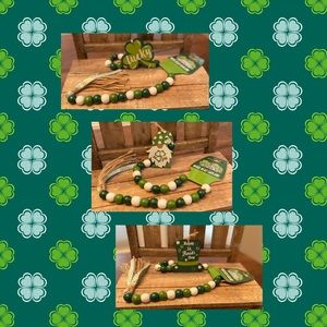 St. Patricks Day Wood Bead Garland Set Of 3, Lucky Bead Garland, Gnome Garland